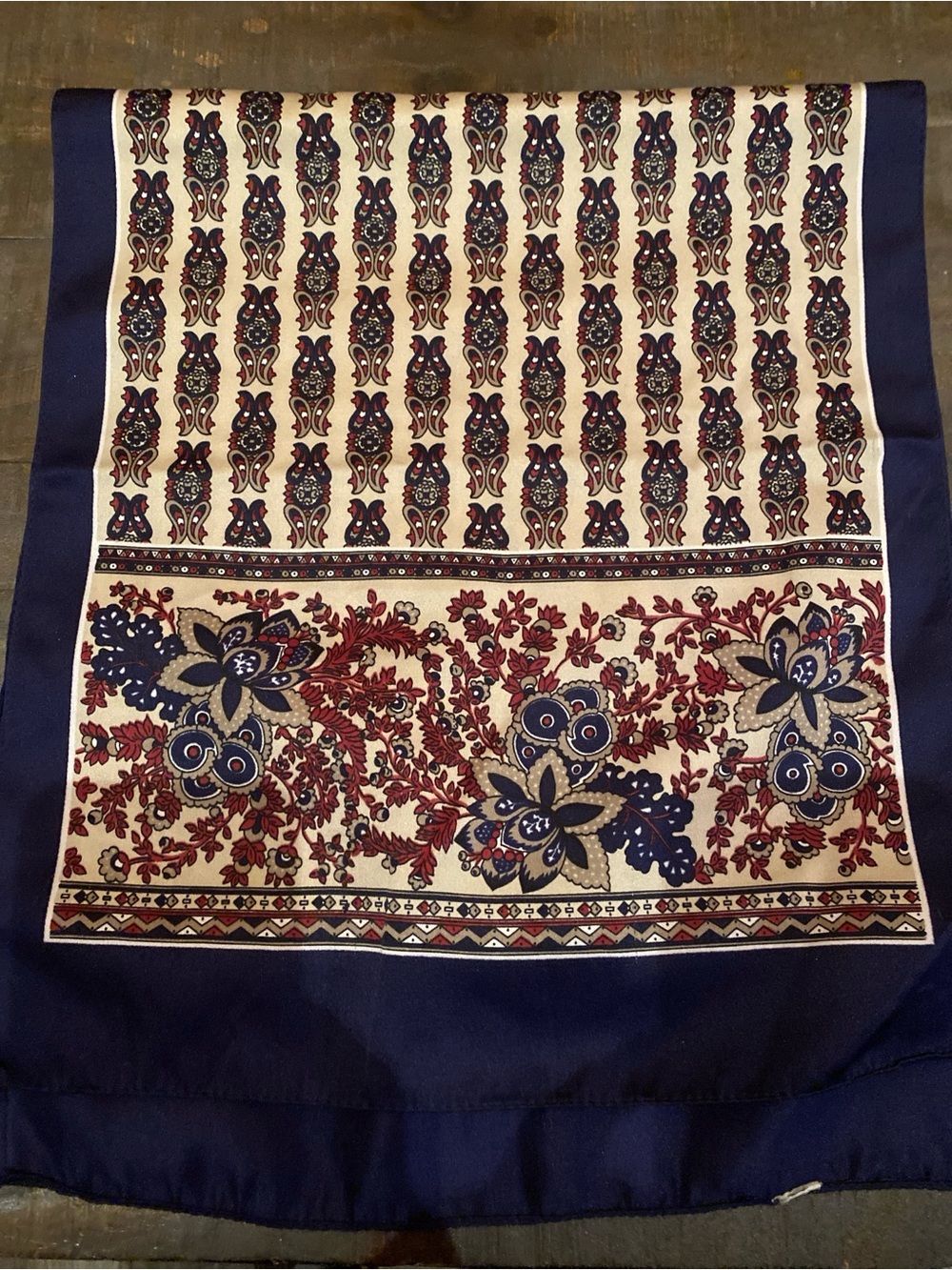 Vintage Navy Blue Cream Floral Scarf - Retro Hand-Rolled Silk-Feel Neck Scarf